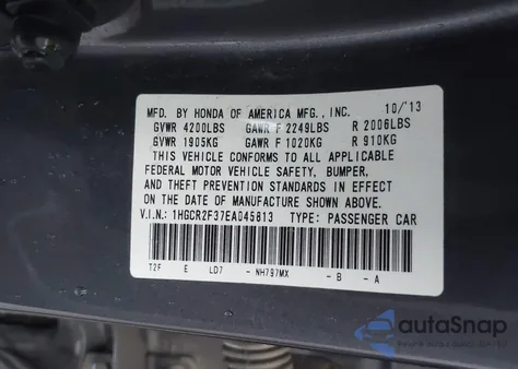 2014 Honda Accord Lx из США, поврежденный, VIN 1HGCR2F37EA045813